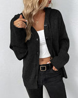Back view of the hooded cardigan showing the hood and overall silhouette
