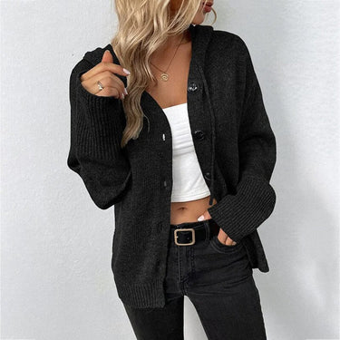 Back view of the hooded cardigan showing the hood and overall silhouette