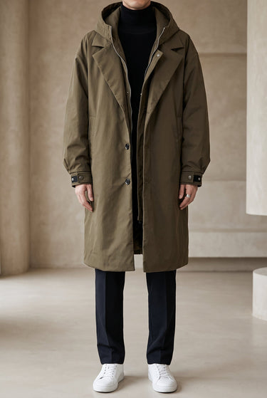 Hooded Men's Raincoat With Full-Length Zip And Storm Flap