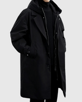Men's raincoat showing Velcro cuffs and flap side pockets, side view