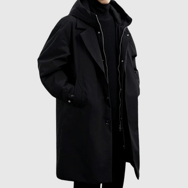 Men's raincoat showing Velcro cuffs and flap side pockets, side view
