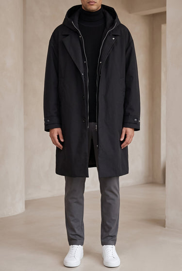 Hooded Men's Raincoat With Full-Length Zip And Storm Flap