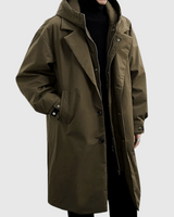 Men's raincoat with stowable hood and full-length zip closure, front view