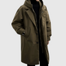 Men's raincoat with stowable hood and full-length zip closure, front view