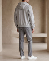 Close-up of the double-zip front opening on a heavyweight hooded cardigan