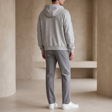 Close-up of the double-zip front opening on a heavyweight hooded cardigan