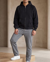 Back view of the hooded sweatshirt cardigan showing hood and hem