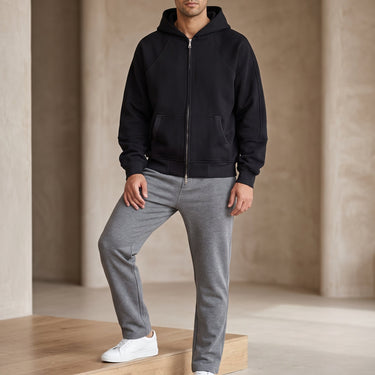 Back view of the hooded sweatshirt cardigan showing hood and hem