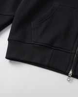 Close-up of the fixed hood and ribbed neckline detail