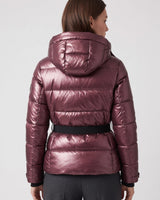 Side profile of a hooded puffer jacket showing the fitted silhouette and belt detail