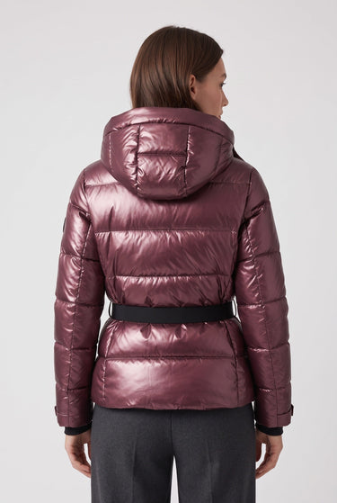 Side profile of a hooded puffer jacket showing the fitted silhouette and belt detail