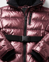 Rear view of a padded hooded jacket with attached hood and ribbed cuffs