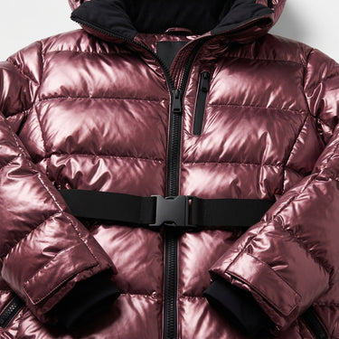 Rear view of a padded hooded jacket with attached hood and ribbed cuffs