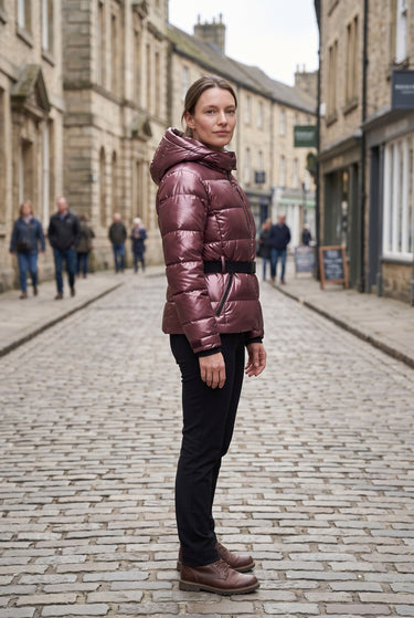 Close-up of the full-length zip and storm placket on a puffer jacket