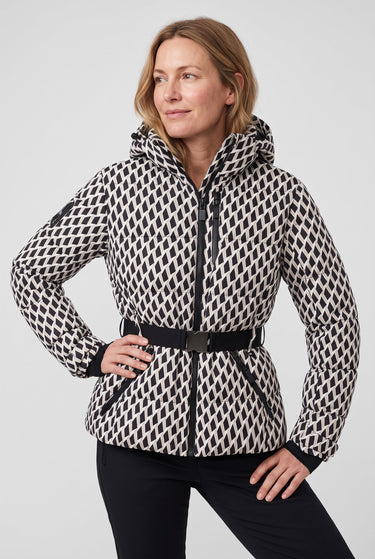 Detail shot of the buckle waist belt on a fitted padded jacket
