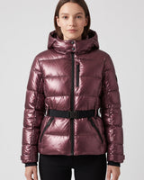 Front view of a fitted hooded puffer jacket with storm placket and waist belt