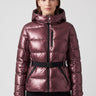 Front view of a fitted hooded puffer jacket with storm placket and waist belt