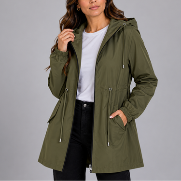 Side view showing the hip pockets and straight hem of the rain coat