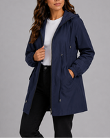 Back view of the hooded rain coat with adjustable hood detail