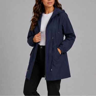 Back view of the hooded rain coat with adjustable hood detail