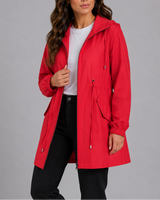 Close-up of the drawstring waist and zip closure on the rain coat