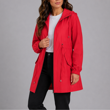 Close-up of the drawstring waist and zip closure on the rain coat