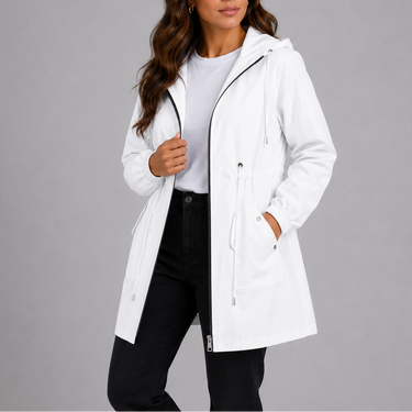 Close-up of the adjustable hood on the lightweight rain coat
