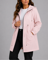 Model wearing the rain coat zipped up with hood down