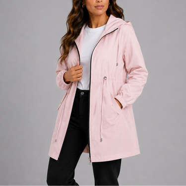 Model wearing the rain coat zipped up with hood down