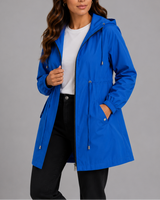 Full-length view of the rain coat showing overall silhouette and length