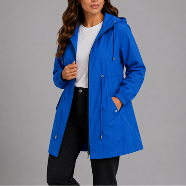 Full-length view of the rain coat showing overall silhouette and length