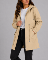 Front view of a hooded rain coat with full-zip closure and drawstring waist