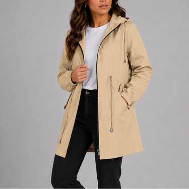 Front view of a hooded rain coat with full-zip closure and drawstring waist