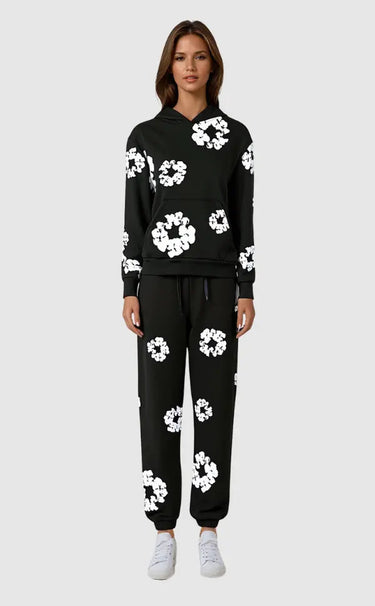 Side view of tracksuit showing hoodie pocket and trouser fit