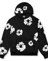 Close-up of floral motif on tracksuit hoodie