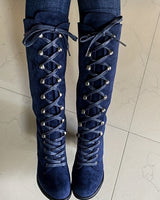 Knee High Lace-Up Boots with Block Heel