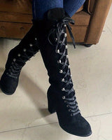 Knee High Lace-Up Boots with Block Heel