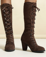Knee High Lace-Up Boots with Block Heel