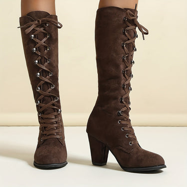 Knee High Lace-Up Boots with Block Heel