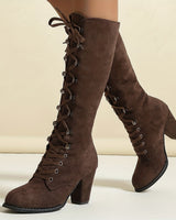 Knee High Lace-Up Boots with Block Heel