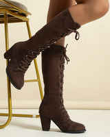 Knee High Lace-Up Boots with Block Heel