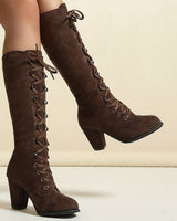 Knee High Lace-Up Boots with Block Heel
