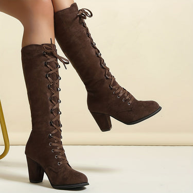 Knee High Lace-Up Boots with Block Heel
