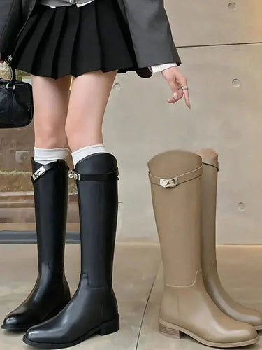 Knee-High Riding Boots with Side Buckle Detail