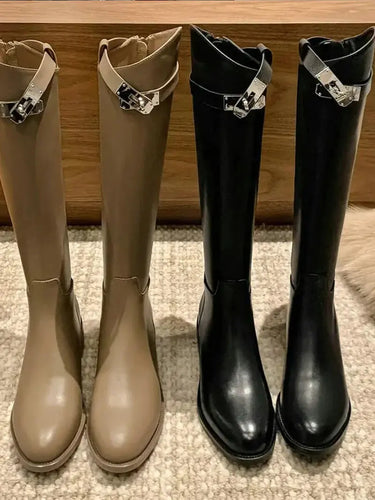 Knee-High Riding Boots with Side Buckle Detail