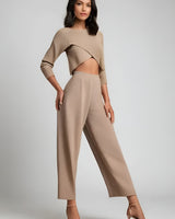 Knit Co Ord Lounge Set with Cropped Top and Wide Leg Pants