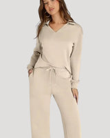 Knit Lounge Co-Ord Set with V Neck Top and Wide Leg Trousers