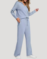 Knit Lounge Co-Ord Set with V Neck Top and Wide Leg Trousers