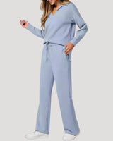 Knit Lounge Co-Ord Set with V Neck Top and Wide Leg Trousers