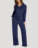 Knit Lounge Co-Ord Set with V Neck Top and Wide Leg Trousers